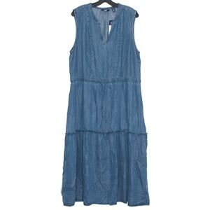 NWT Lands End Dress Chambray Tiered Boho Farmhouse Cottage Coastal Midi Blue XXL